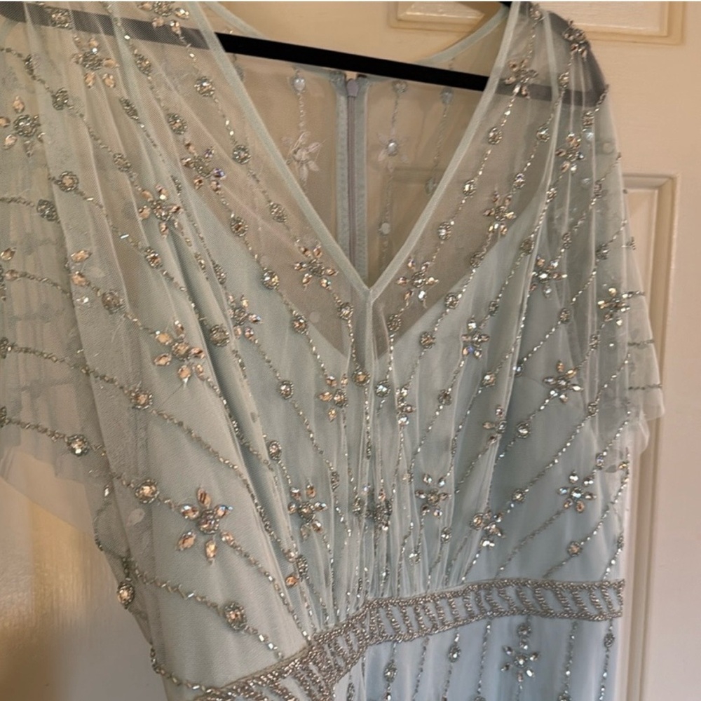 Mac Duggal Ice Blue Beaded V-Neck Maxi Dress - Picture 9 of 9